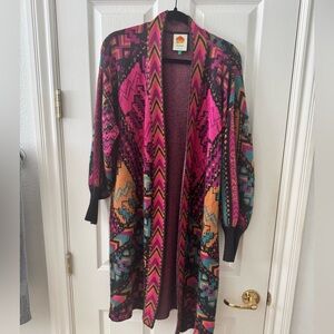 FARM Rio Multicolor Aztec Open Knit Cardigan — Fuchsia, Teal, Mustard